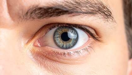 Close-up of a human eye with blue-green iris and dark pupil, eyebrow, and surrounding skin visible. Focus on the cornea and iris