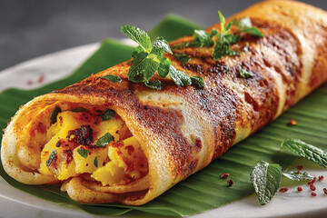 Traditional Masala Dosa Served on Banana Leaf &ndash; South Indian Cuisine