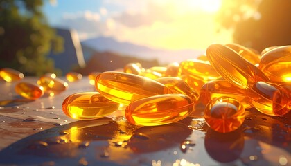Close-up of glossy, amber-colored gel capsules spilling across a wet, reflective surface in bright sunlight, with a blurred background of nature