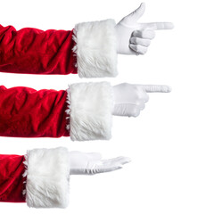 Santa Claus Hands with Various Gestures: A trio of Santa Claus arms, adorned in classic red and white attire, showcase a series of hand gestures.