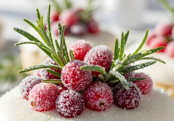Sugared Cranberries and Rosemary Sprigs on a White Frosted Dessert