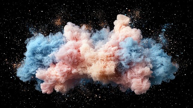 A dynamic cloud formation of pastel pink and blue smoke, interspersed with sparkling glitter, against a dark, starry backdrop.