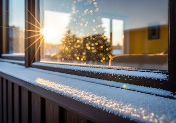 Winter window view with snow and golden sunset light
