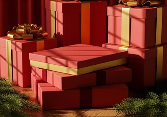 Elegant red and gold Christmas gift boxes with fir branches.