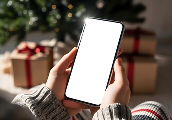 Female hands holding a smartphone with a blank screen at Christmas