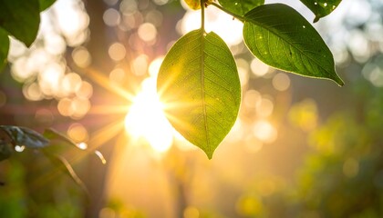 Close-up of sun shining through leaves, creating bright bokeh effect