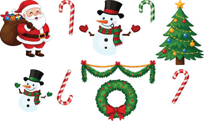 Christmas cartoon illustration, Santa Claus with gifts, snowman character, decorated Christmas tree, candy cane design, festive wreath, holiday garland, winter celebration vector art