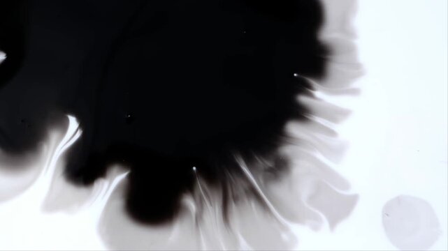A black and white visual effect showing a large, central, blob of black ink rapidly blooming and expanding outwards onto a white background, suggesting an organic, watercolor, or artistic reveal/trans