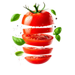 Tomato Slices with Basil: Fresh tomato slices artfully arranged with vibrant basil leaves and peppercorns, creating a visually appealing culinary display, freshness, and the essence of delicious food.