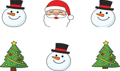 Christmas snowman illustration, Santa Claus face, decorated Christmas tree, festive holiday clipart, winter celebration, cartoon style, seasonal decoration vector