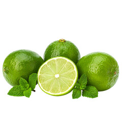 Fresh Limes and Mint: A refreshing display of vibrant green limes and fresh mint sprigs. A slice lime reveals juicy texture, capturing the essence of freshness and natural sweetness.
