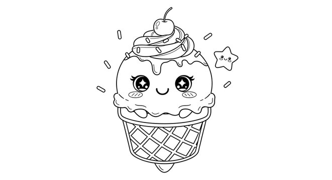 A charming black and white line drawing of a smiling ice cream cone dessert, a kawaii character perfect for coloring pages