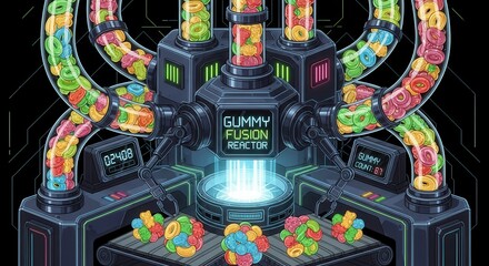 Elaborate confectionery creation mechanism processes colorful gelatinous shapes on a dark background