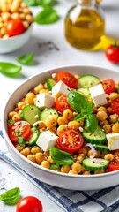 Colorful chickpea salad with feta, tomatoes, and cucumbers in a bowl