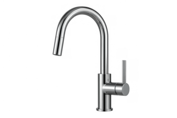 Stainless steel kitchen faucet with arch design and single lever handle isolated on transparent background