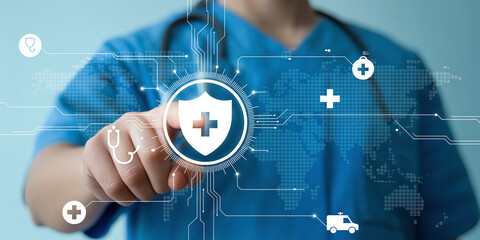 Doctor touching a medical shield icon symbolizing healthcare protection insurance and digital health services with a world map in the background