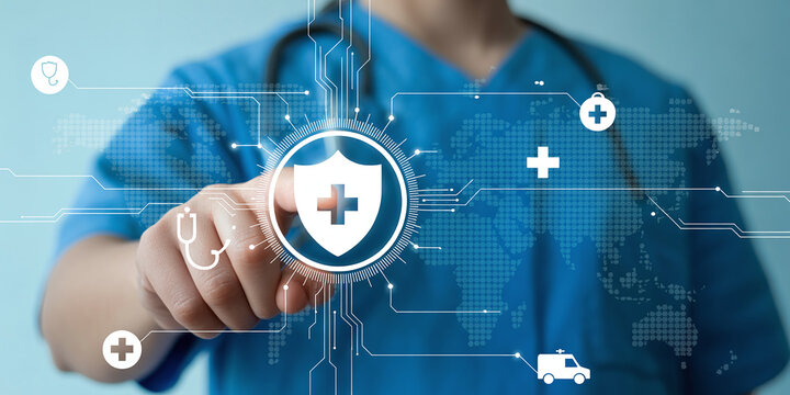 Doctor touching a medical shield icon symbolizing healthcare protection insurance and digital health services with a world map in the background
