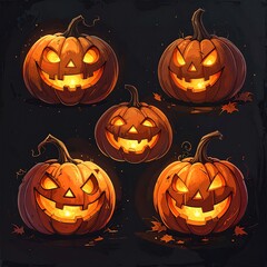 Digitally painted scene featuring five jack-o'-lanterns with glowing faces, autumnal leaves and dark background