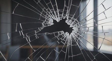 A shattered glass window pane displaying a spiderweb of cracks radiating from a central impact, symbolizing destruction, violence, and fragility