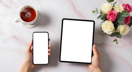 A feminine flat lay workspace showing hands holding a digital tablet and smartphone with blank screens for mockup on a marble background with tea and roses