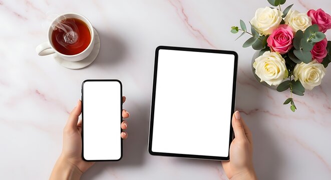 A feminine flat lay workspace showing hands holding a digital tablet and smartphone with blank screens for mockup on a marble background with tea and roses