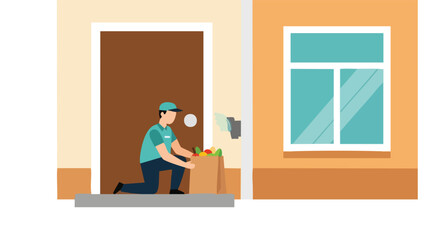 A Delivery Courier Performing Contactless Drop-off by Placing a Grocery Bag at the Customer's Front Door
