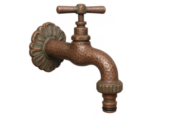 Vintage brass outdoor water tap, hammered rusty bronze finish, mounted garden faucet with decorative plate isolating on transparent background