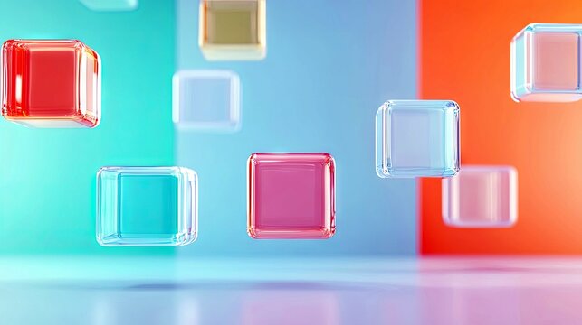 Several translucent, colorful cubes are suspended in mid-air against a backdrop divided into teal and orange sections.