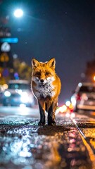 Fox stands in road at night under a full moon, cars blur in background