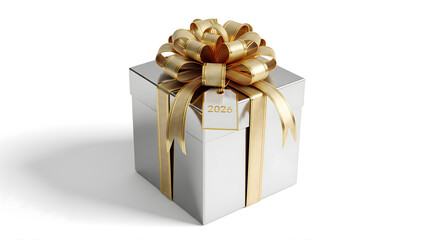 Obraz premium A premium silver gift box with gold bow and 2026 tag on a clean white background. Luxurious, festive, and ideal for New Year microstock purposes.