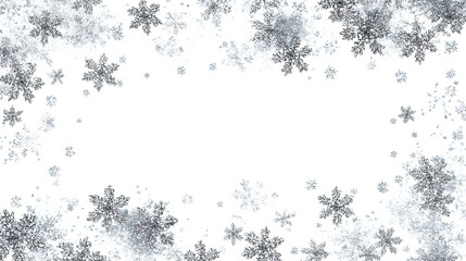 Winter snowfall texture with realistic white snowflakes on white background. Use as overlay for New Year cards, holiday posters, or frosty scenes.