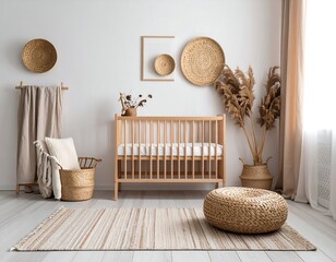 Modern nursery scene with crib, natural decor, and warm tones