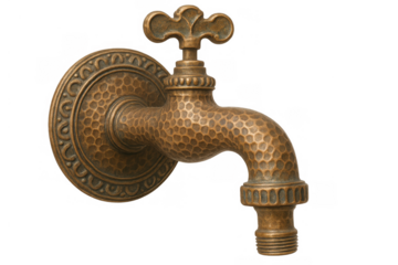 Ornate antique bronze water faucet featuring a textured hammered design with decorative embellishments on transparent background