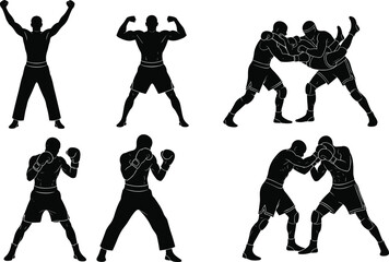 Boxing and fighting silhouettes set, strong male athletes in action poses, MMA wrestlers and boxers vector illustration for sports club logo.