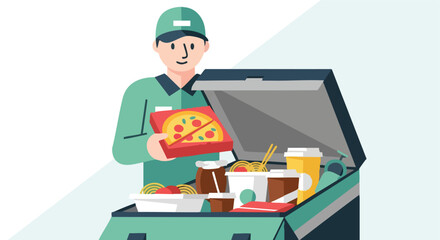 A Delivery Courier Placing a Pizza Box and Other Orders into an Insulated Thermal Delivery Bag