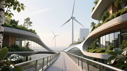 Fototapeta premium Futuristic eco architecture with green design and wind turbine energy innovation