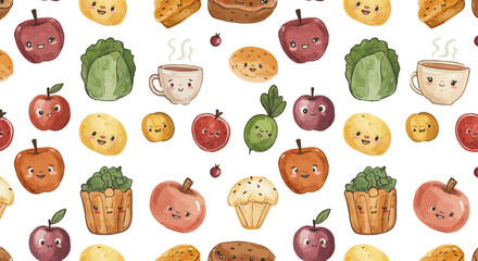 playful watercolor seamless pattern of cute smiling food characters fresh fruits vegetables and comforting treats ideal for kids.