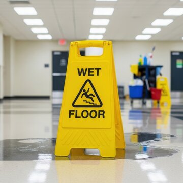 Caution wet floor hazard in a brightly lit commercial space awaiting cleaning maintenance