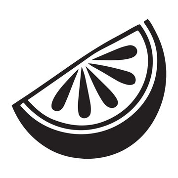 A simple black and white graphic illustration of a single citrus fruit slice likely an orange or lemon presented in a clean vector style