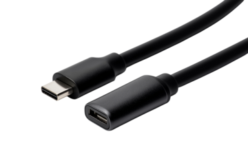 Black USB-A to USB-C charging data cable isolated on transparent background, png