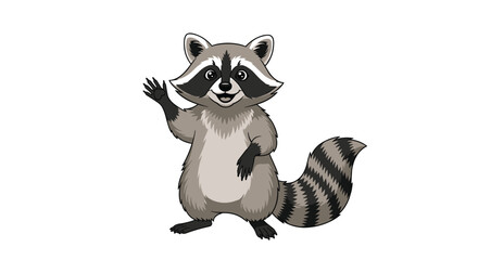 Obraz premium A cute and friendly cartoon raccoon with a striped tail, wearing a distinctive facial mask, stands smiling and waving hello.