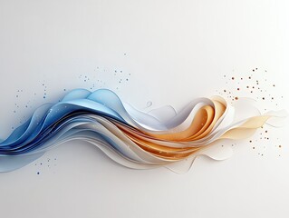 Abstract flowing waves of blue and gold ribbons with sparkling particles on a white background, creating a sense of movement and elegance.