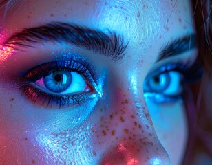 A close-up view of bright blue eyes and freckled skin