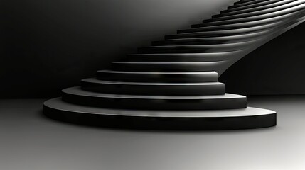 A modern, dark, spiral staircase with smooth, curved steps, illuminated by dramatic lighting.