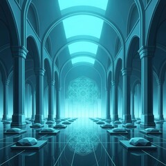 Symmetrical architectural hall glows with ethereal cyan light and features geometric meditation cushions