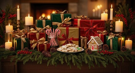 A festive Christmas mantelpiece decorated with wrapped gifts, lit candles, cookies, and evergreen branches in front of a warm fireplace.