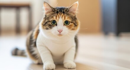 Charming calico cat with striking green eyes gazing intently at the camera indoors