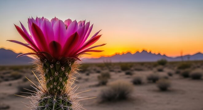 Vibrant desert cactus flower blooms against a fiery sunset sky