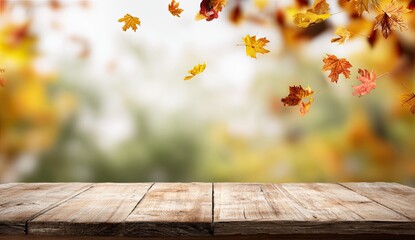 Wide-angle autumn scene with rustic wooden table and colorful leaves, sunlit background perfect for lifestyle blog posts, seasonal promotions, or creative social media banners.