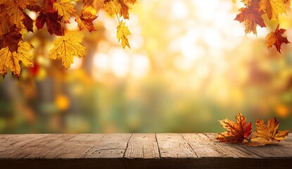 Rustic autumn wooden table with golden leaves and soft sunlight, spacious surface ideal for outdoor wedding receptions, seasonal parties or elegant event decorations.